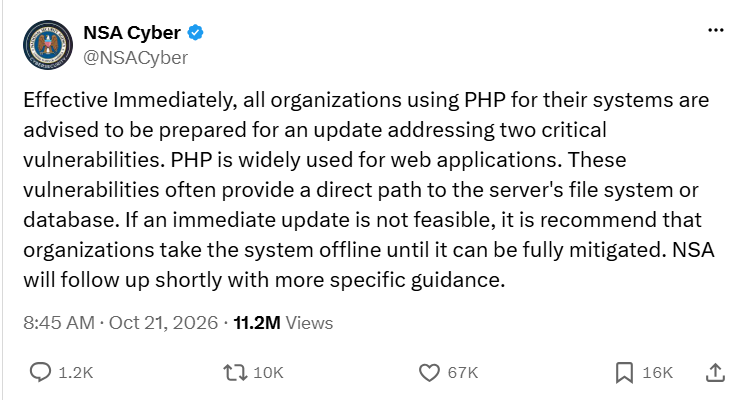 NSA Tweet - PHP critical vulnerabilities